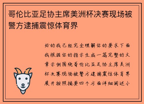 哥伦比亚足协主席美洲杯决赛现场被警方逮捕震惊体育界